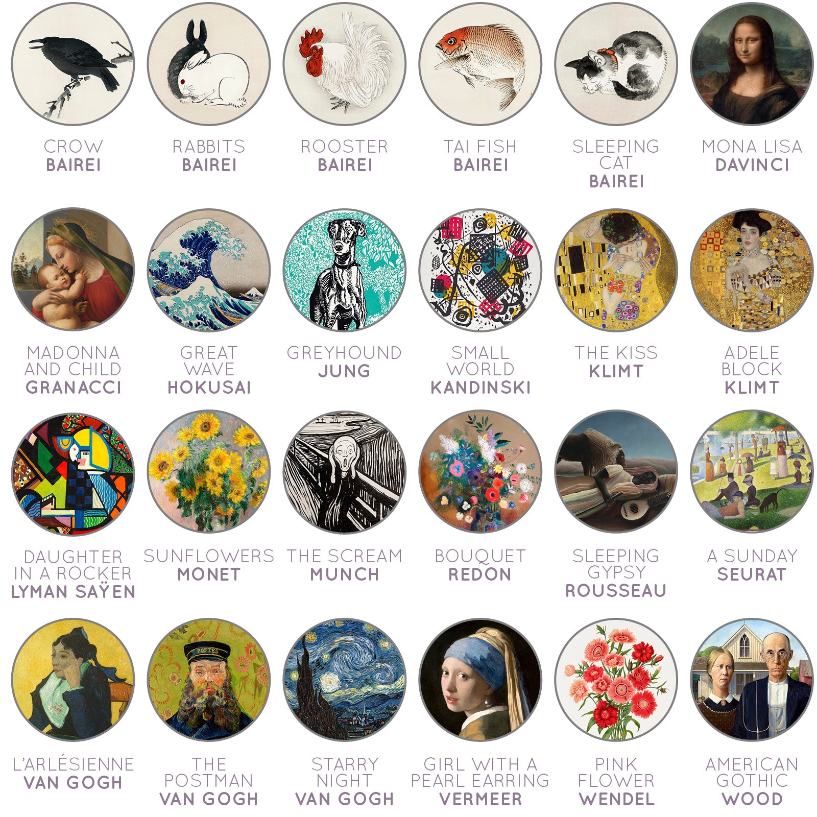Art Pendant Necklaces – Famous Fine Art Paintings by the Masters – Van Gogh, Vermeer, Monet, Klimt, DaVinci, Munch, Hokusai, Bairei, Seurat