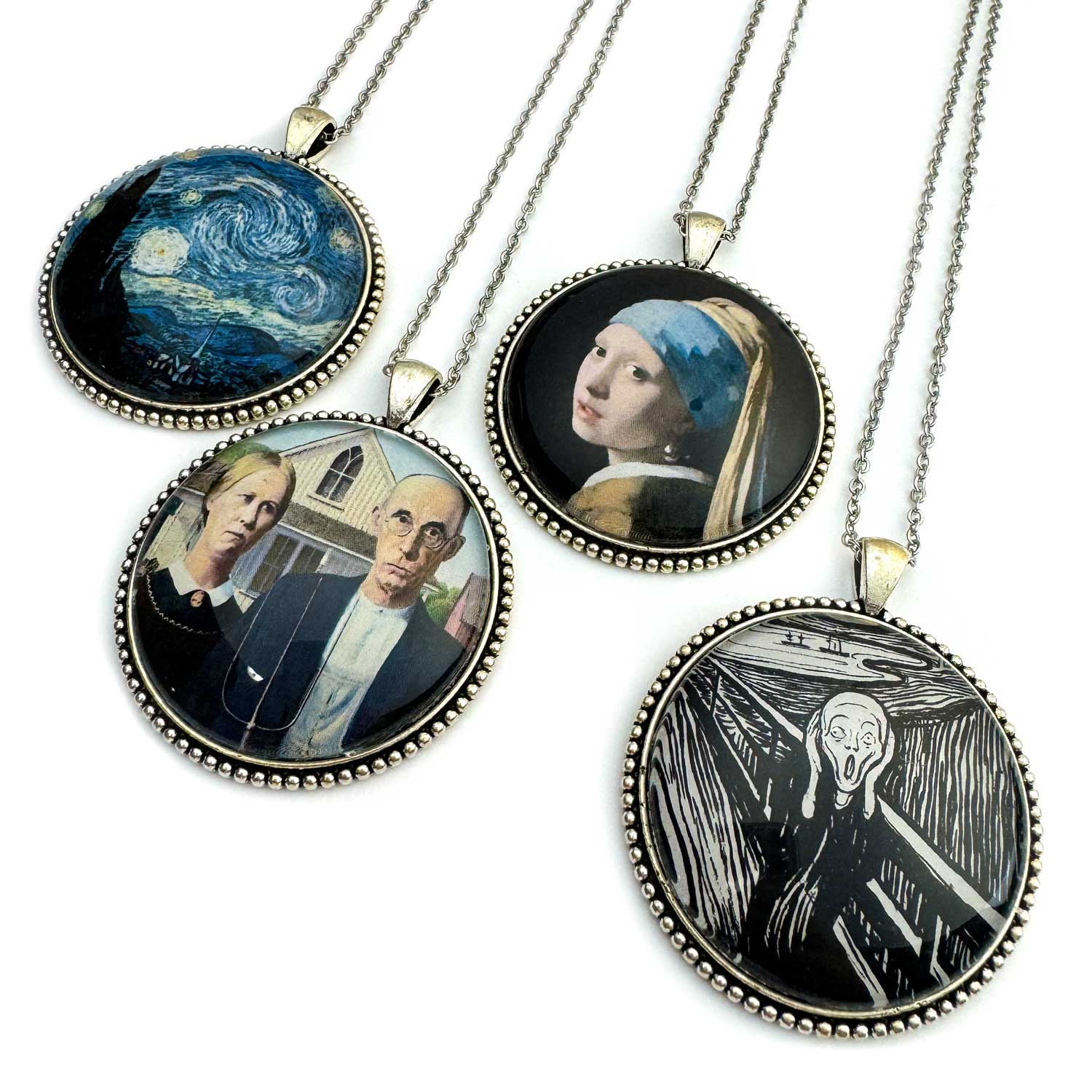 Art Pendant Necklaces – Famous Fine Art Paintings by the Masters – Van Gogh, Vermeer, Monet, Klimt, DaVinci, Munch, Hokusai, Bairei, Seurat