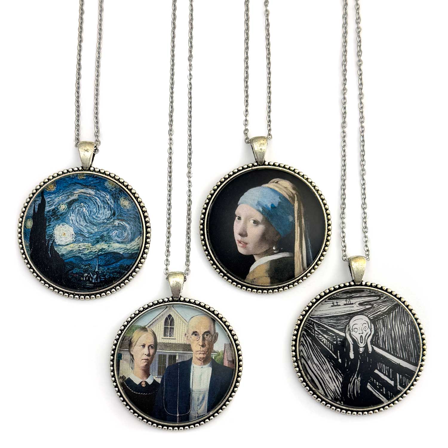 Art Pendant Necklaces – Famous Fine Art Paintings by the Masters – Van Gogh, Vermeer, Monet, Klimt, DaVinci, Munch, Hokusai, Bairei, Seurat