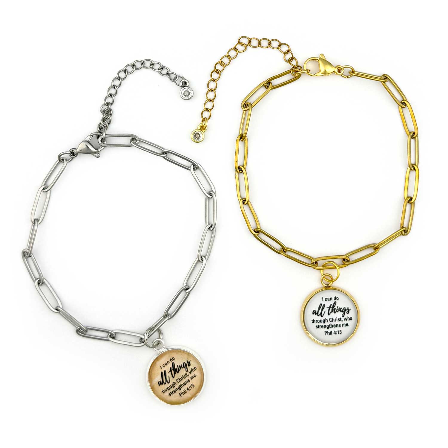 Two chain bracelets, one silver and one gold, with encouraging Bible verse charms on a white background.