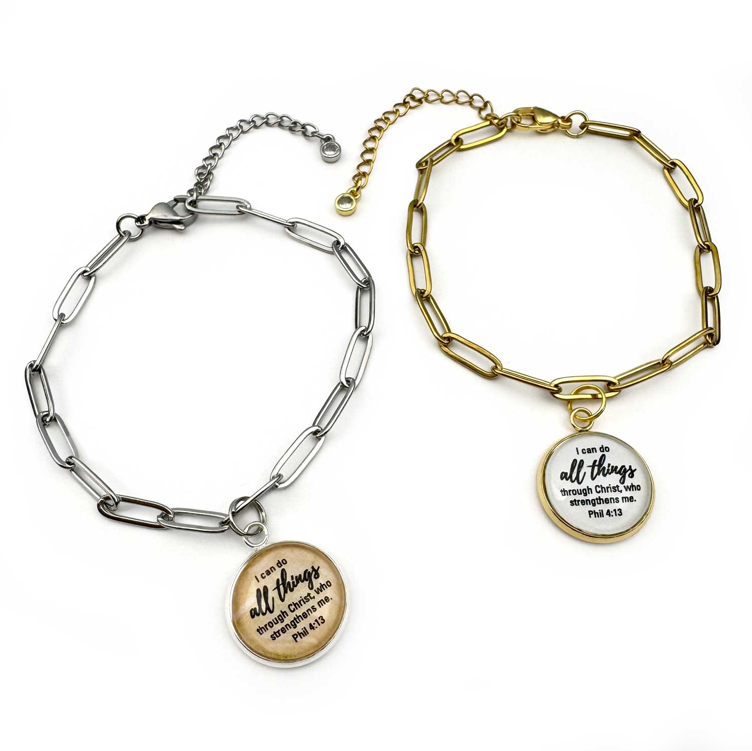 Two bracelets, one silver and one gold, with Philippians 4:13 charms on a white background.