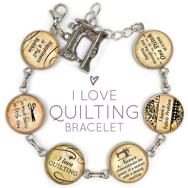 I Love Quilting - Glass Charm Stainless Steel Bracelet with Dangling Singer Sewing Machine Charm