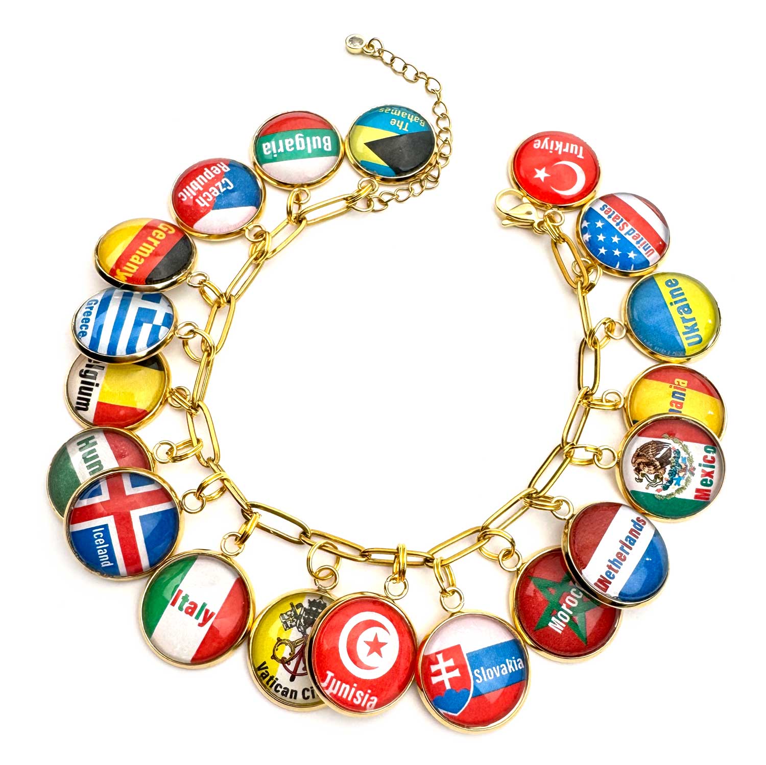 Bracelet with various country flags on a gold chain against a white background