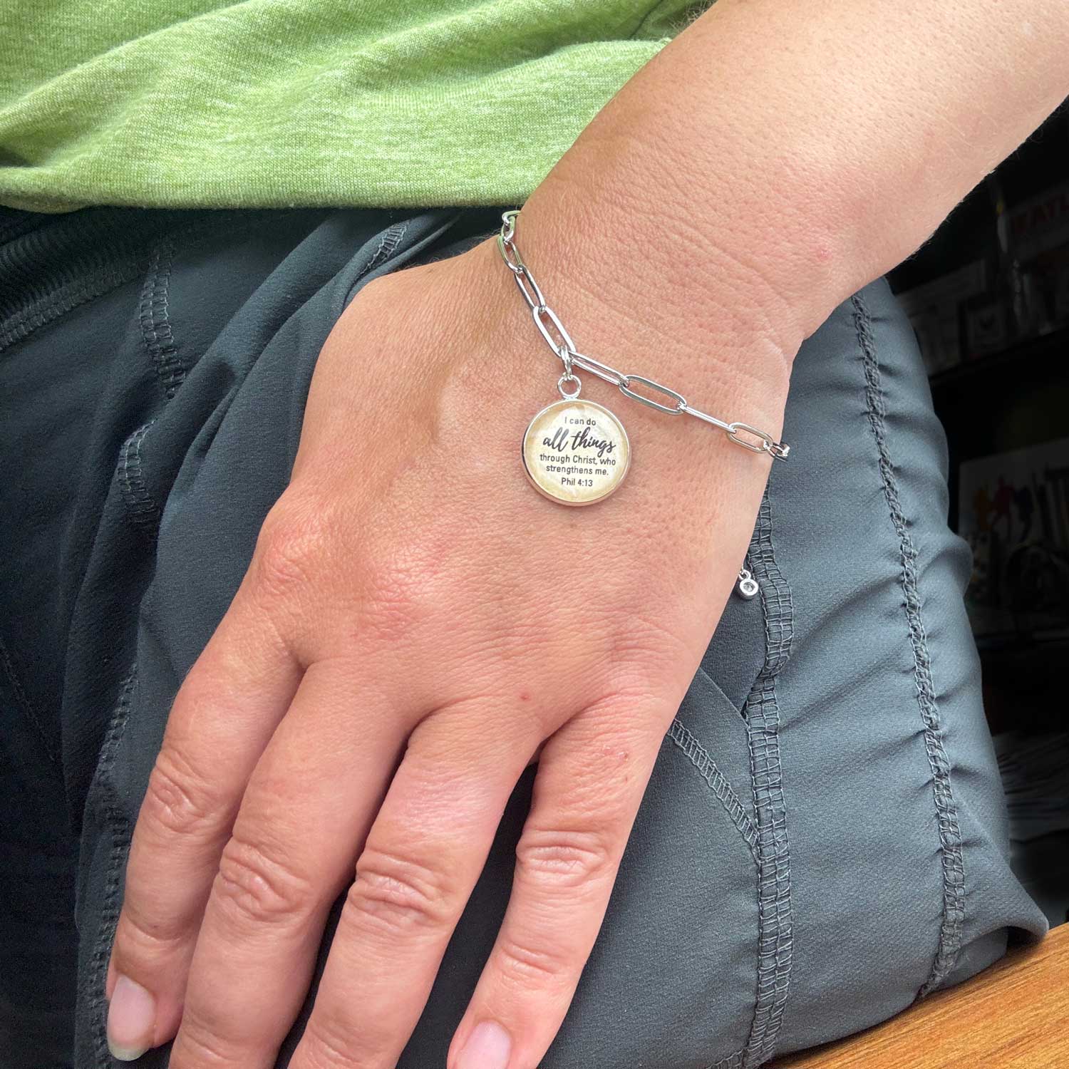 Philippians 4:13 I can do all things through Christ, who strengthens me. Stainless steel paperclip Charm Bracelet on model