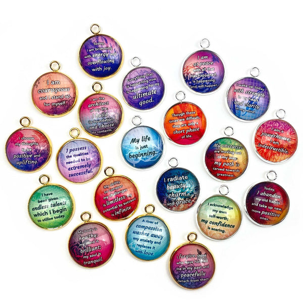 Positive Affirmations Colorful Charms - Wholesale Glass Charm Sets for Jewelry Making - 20mm - Bulk Designer Charms - Forgive, Strength, Courage