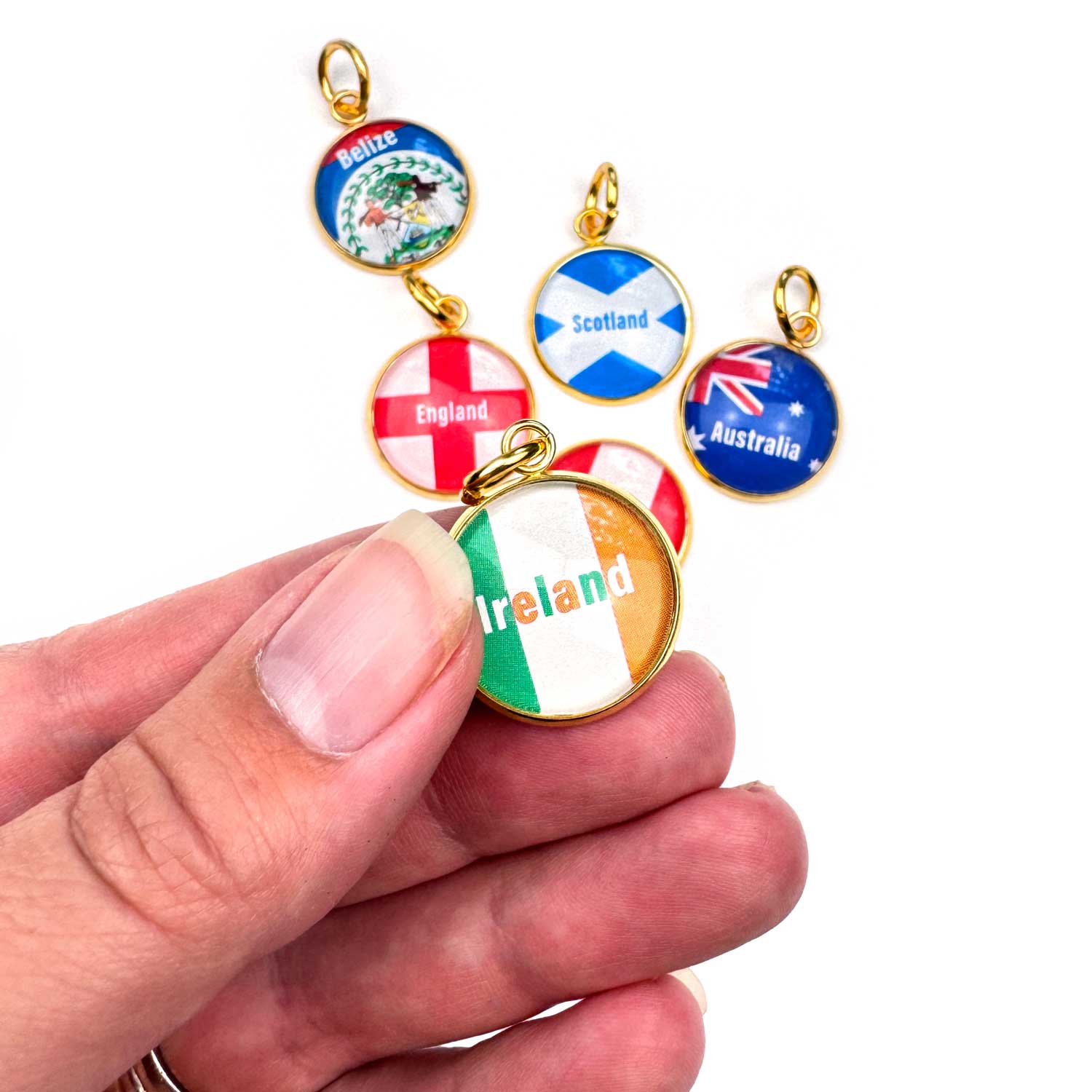 Glass Country Flag Charms for Leather Travel Keyring • 20mm Gold with 10mm Jump Ring • World Travel Memento