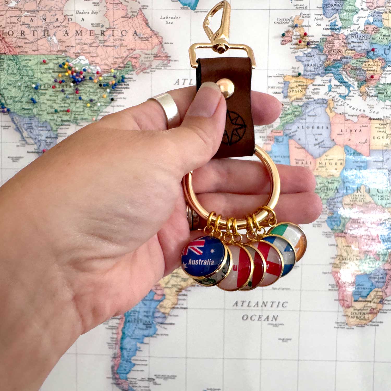 World Traveler Leather Keyring • Holds 25 Charms • Compass or Cross Travel Keychain • Wanderlust Gift & Vacation Memento for Men & Women