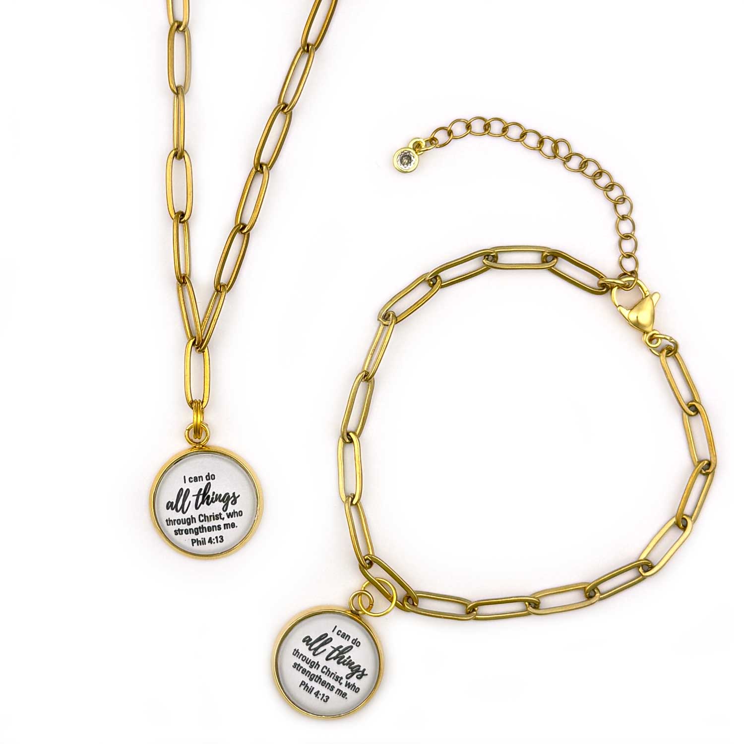 Philippians 4:13 I can do all things through Christ, who strengthens me. Paperclip Chain Scripture Pendant Necklace and Charm Bracelet Jewelry Set, Gold
