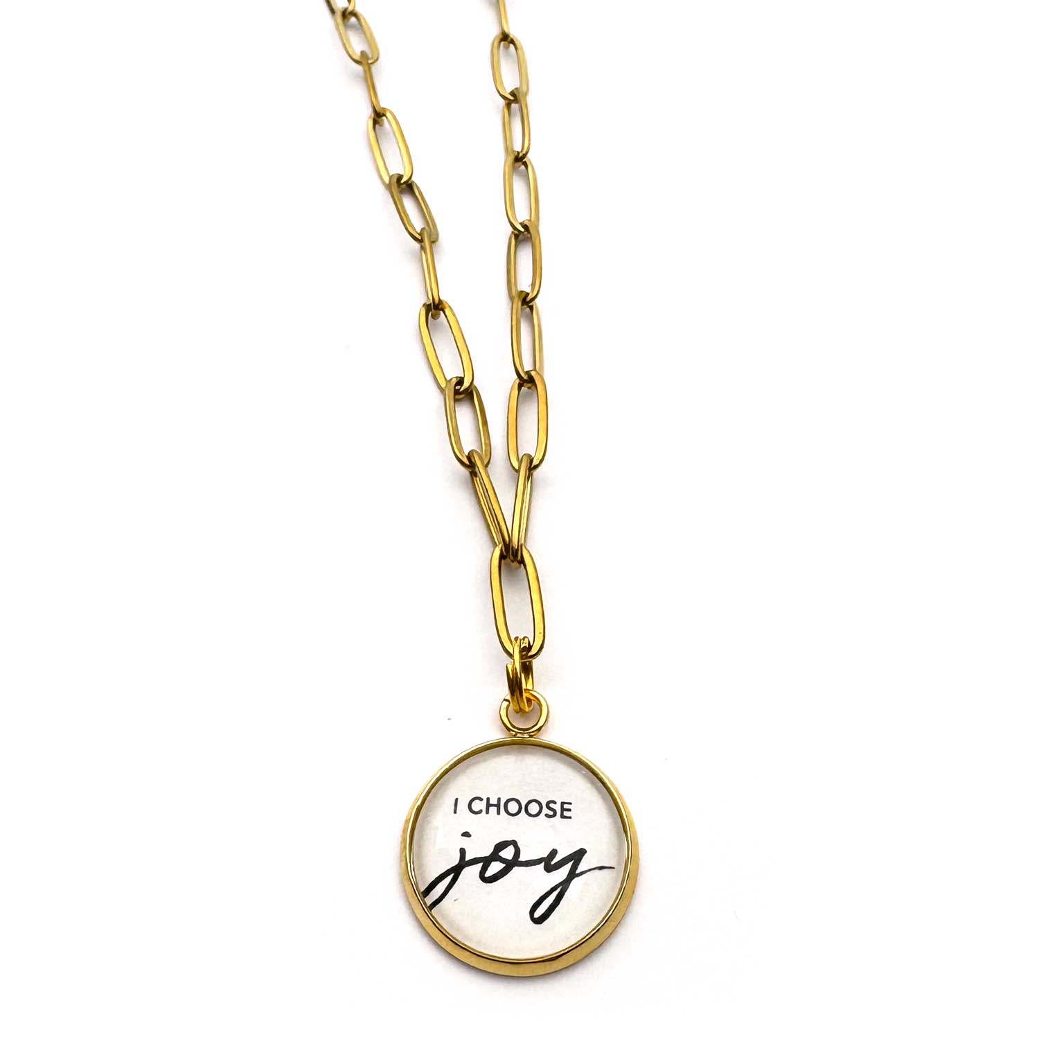 Close up of I Choose Joy Stainless steel paperclip Charm necklace in gold