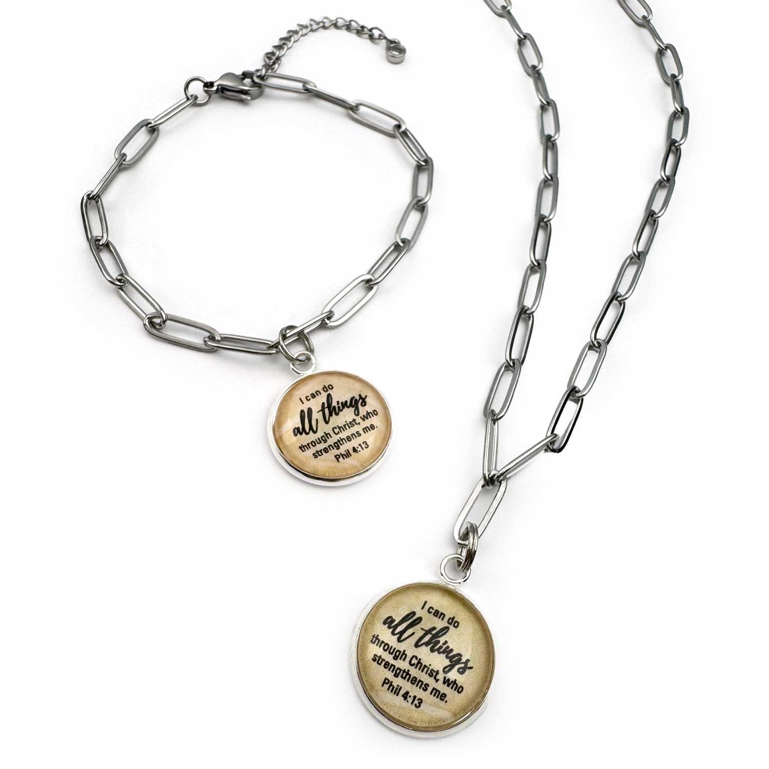 Philippians 4:13 charm Scripture paperclip necklace and bracelet jewelry set, stainless steel