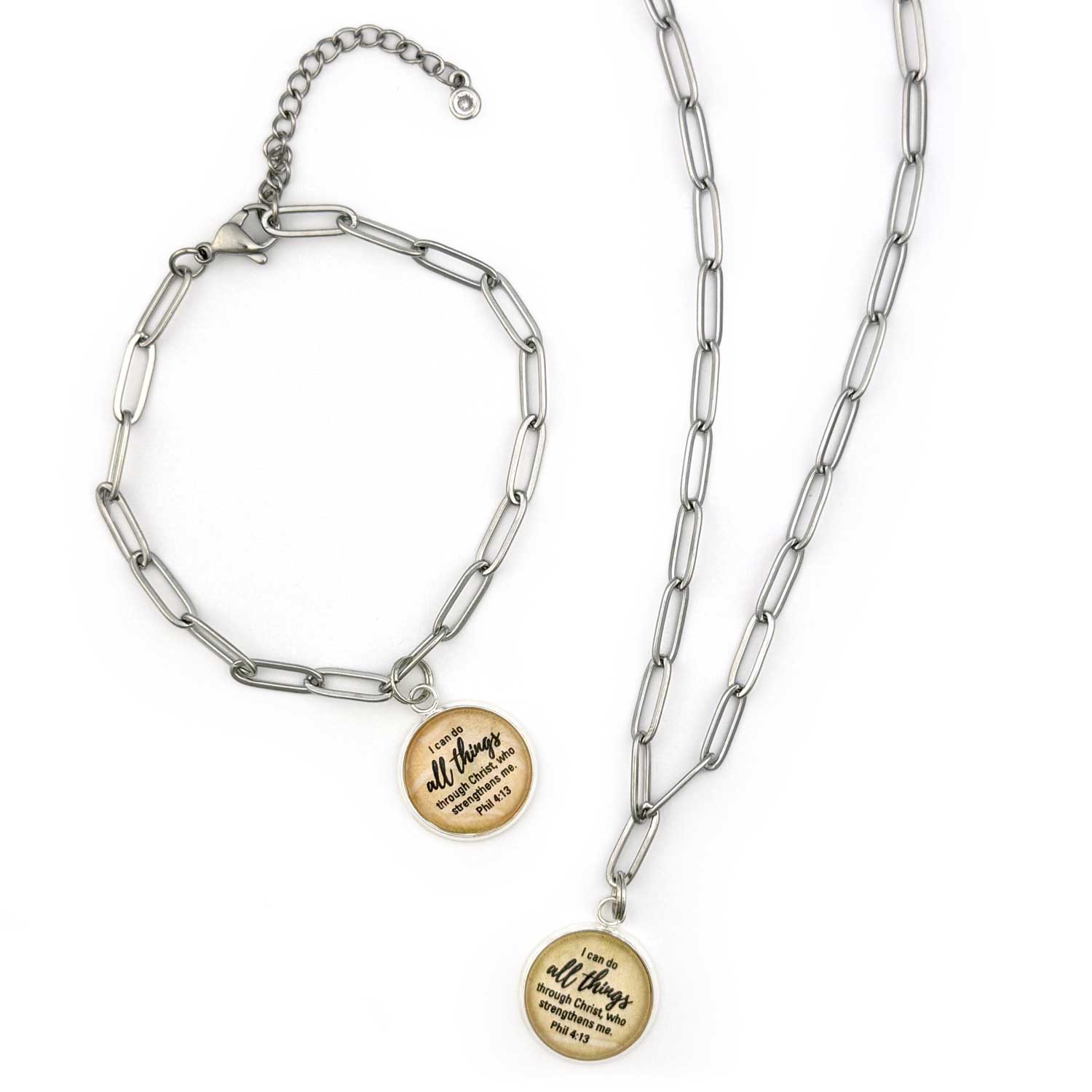 Philippians 4:13 I can do all things through Christ, who strengthens me. Paperclip Chain Scripture Pendant Necklace and Charm Bracelet Jewelry Set, silver-plated