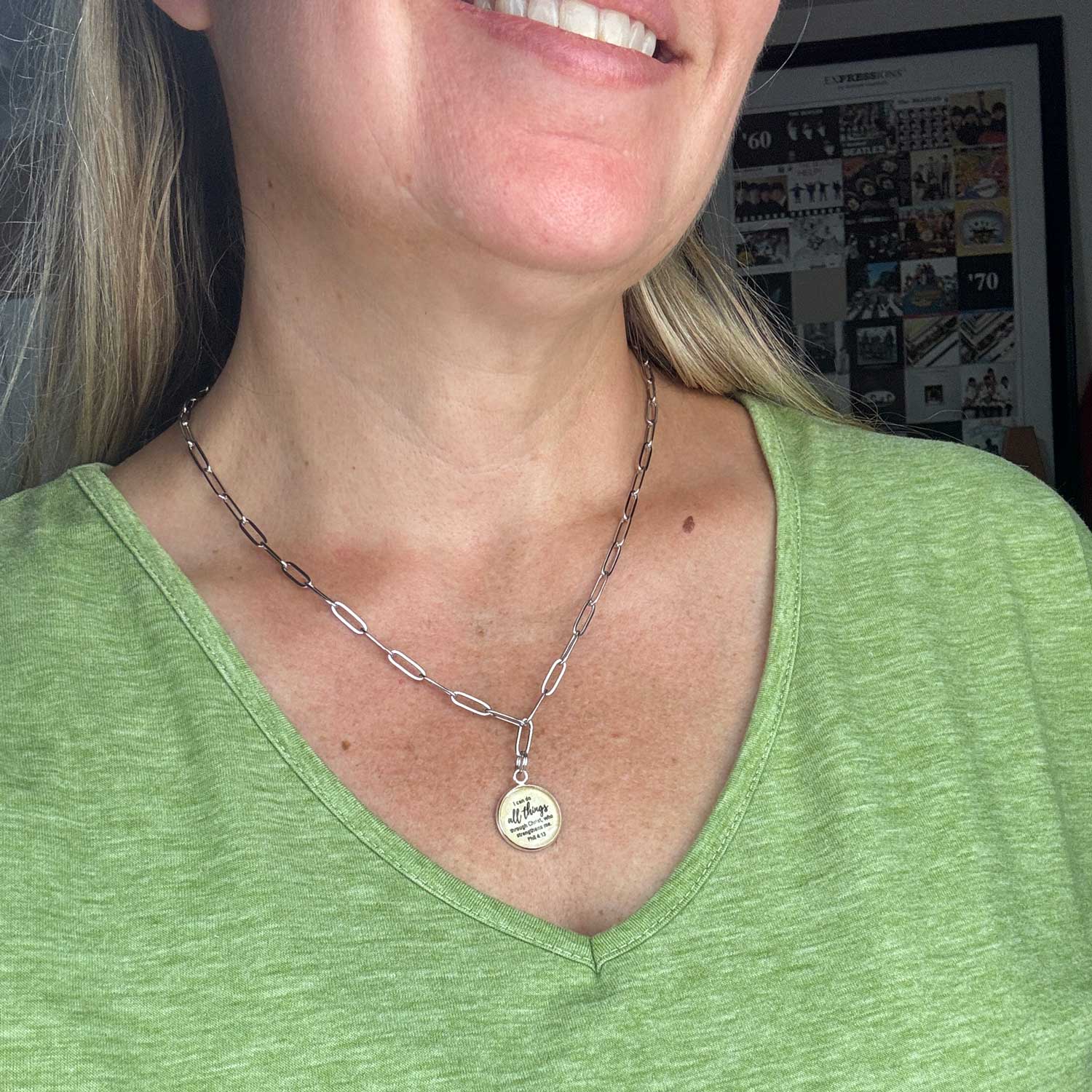 Philippians 4:13 I can do all things through Christ, who strengthens me. Stainless steel paperclip Charm necklace on model