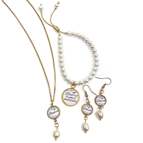 "Blessed Beyond Measure" Pearl Jewelry Set – Pearl and Golden Slider Bracelets, Necklace, Earrings Set