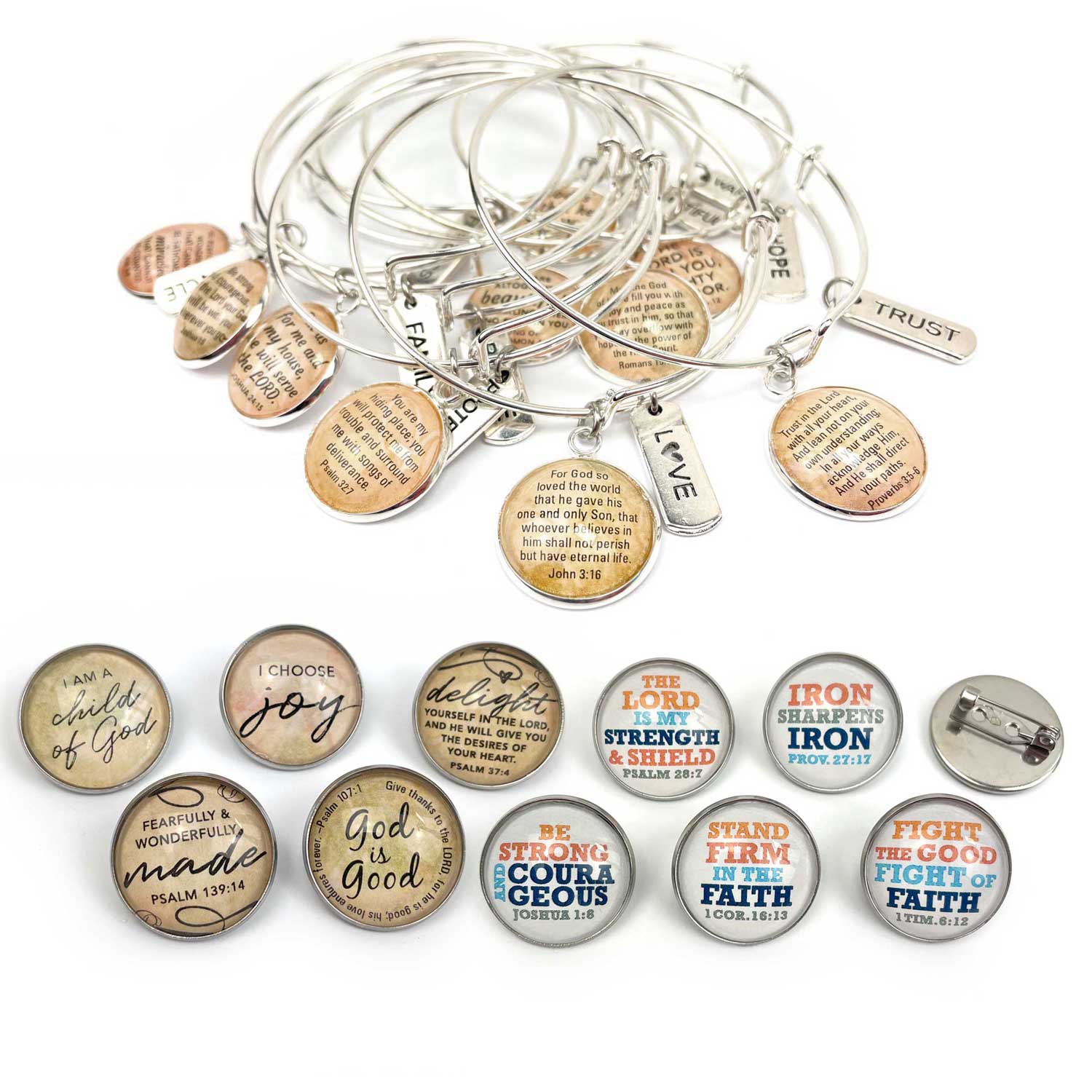 Word+Scripture Bangles and Scripture Lapel Pins