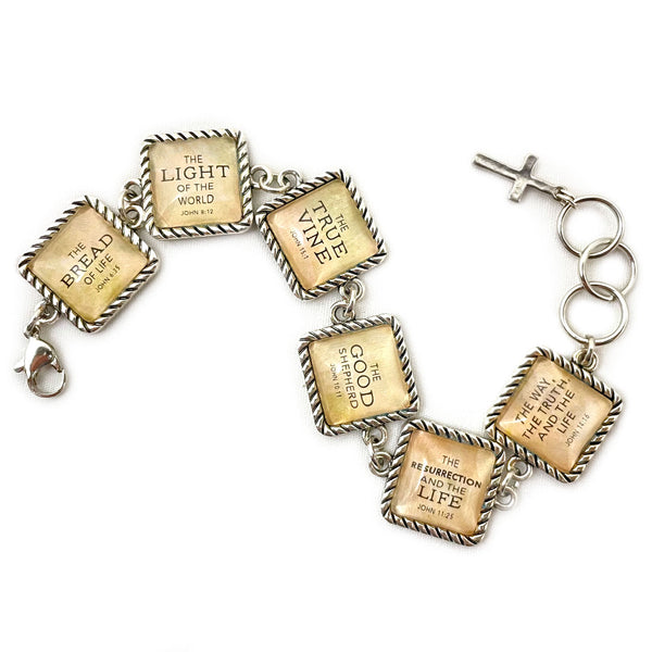 Jesus' I AM Statements Glass Scripture Charm Bracelet – Christian Jewelry – Square Antique Silver Twist Edge Design