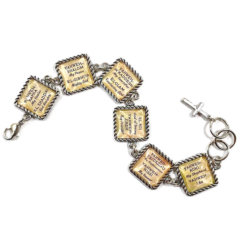Names of GOD Glass Charm Bracelet - Christian Jewelry - Yahweh Hebrew Religious Bracelet - Square Antique Silver Twist Edge Design