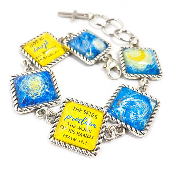 Van Gogh Starry Night Psalm 19 Scripture Bracelet – Square or Round Antique Silver Twist Edge Design