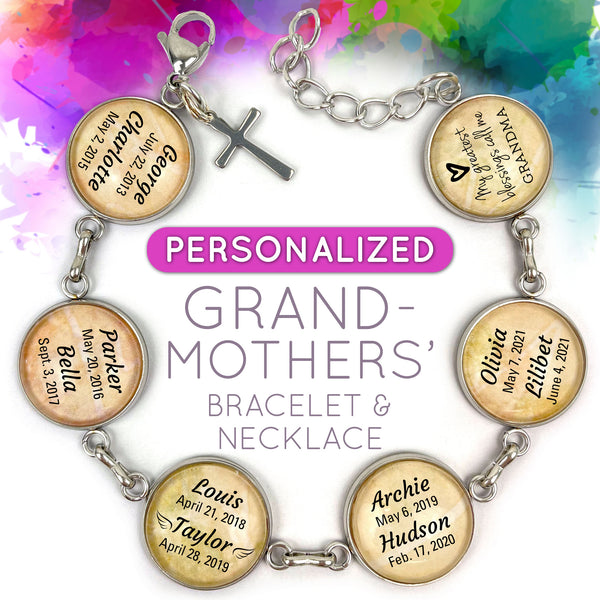 Personalized Grandmothers' Scripture Bracelet & Silver-Plated Christian Pendant Necklace Set – Personalized with Grandchildren's Names and Birth Dates!