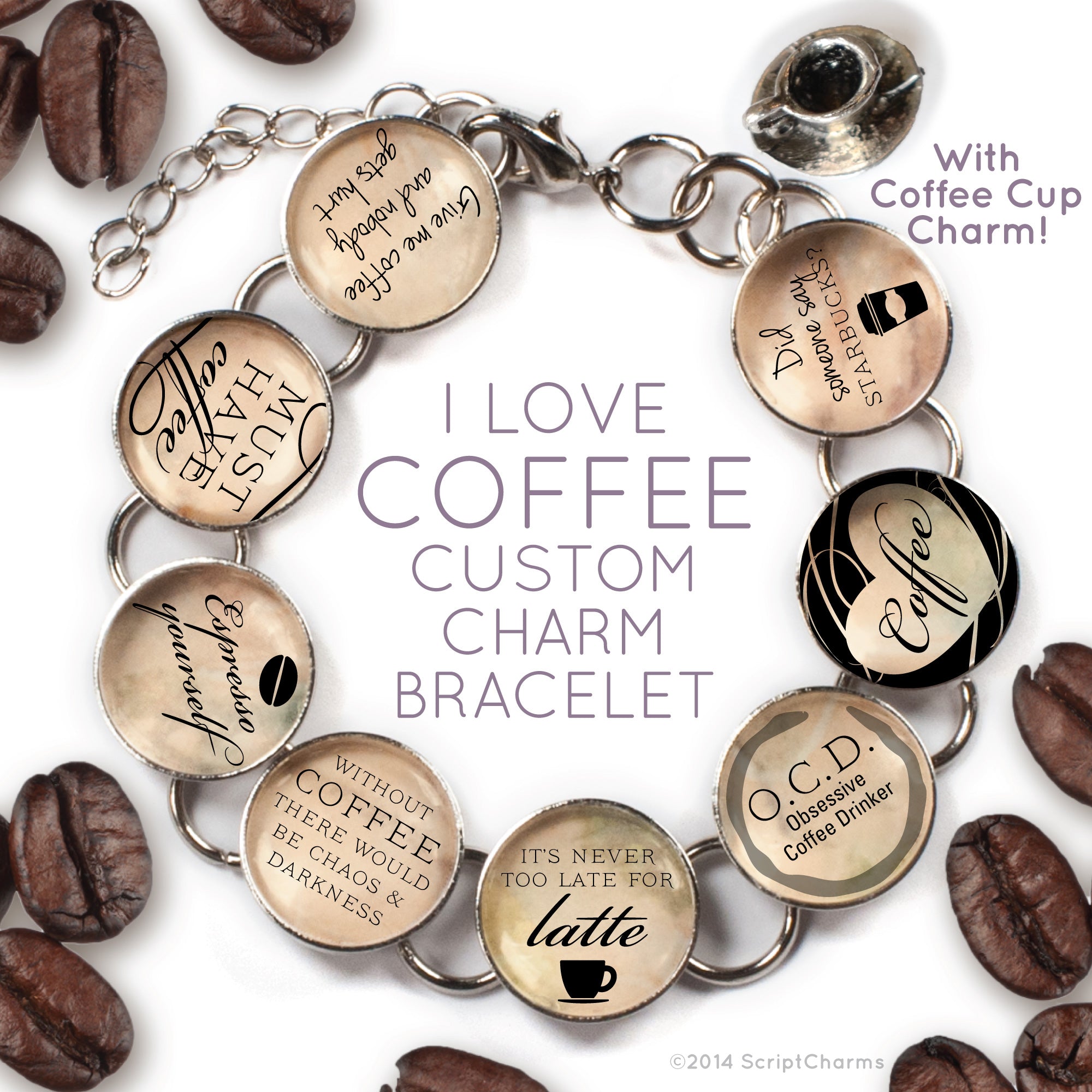 I Love Coffee - Custom Glass Charm Bracelet with Coffee Cup Charm As Shown