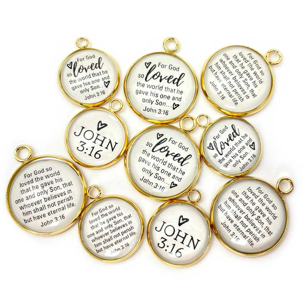 For God So Loved the World! Set of John 3:16 Scripture Charms for Jewelry Making – 16 & 20mm, Silver, Gold – Bulk Christian Jewelry Charms