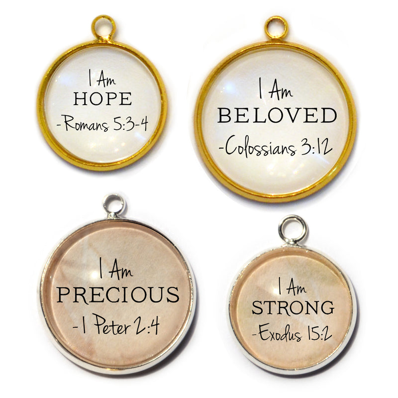 I AM Strong, Beautiful, Unique, Hope Affirmations – Glass Scripture Jewelry Making Charms – Bulk Designer Christian Religious Charms