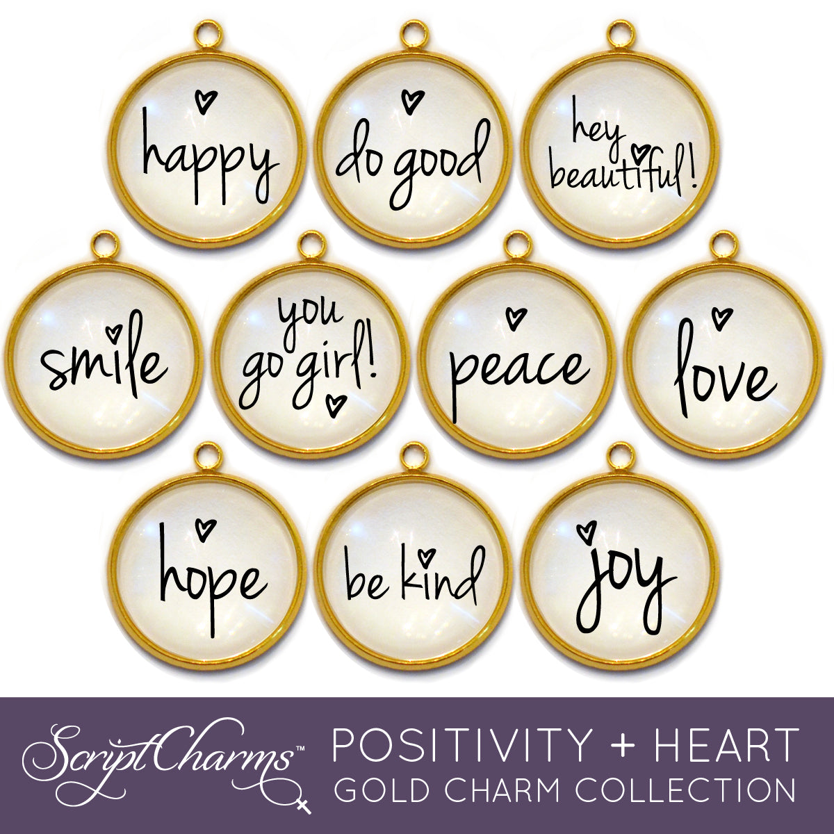 Positivity + Heart Set of 10 Encouraging Charms for Jewelry Making, 20mm, Gold or Silver Gold / 1 Set (10 Charms)