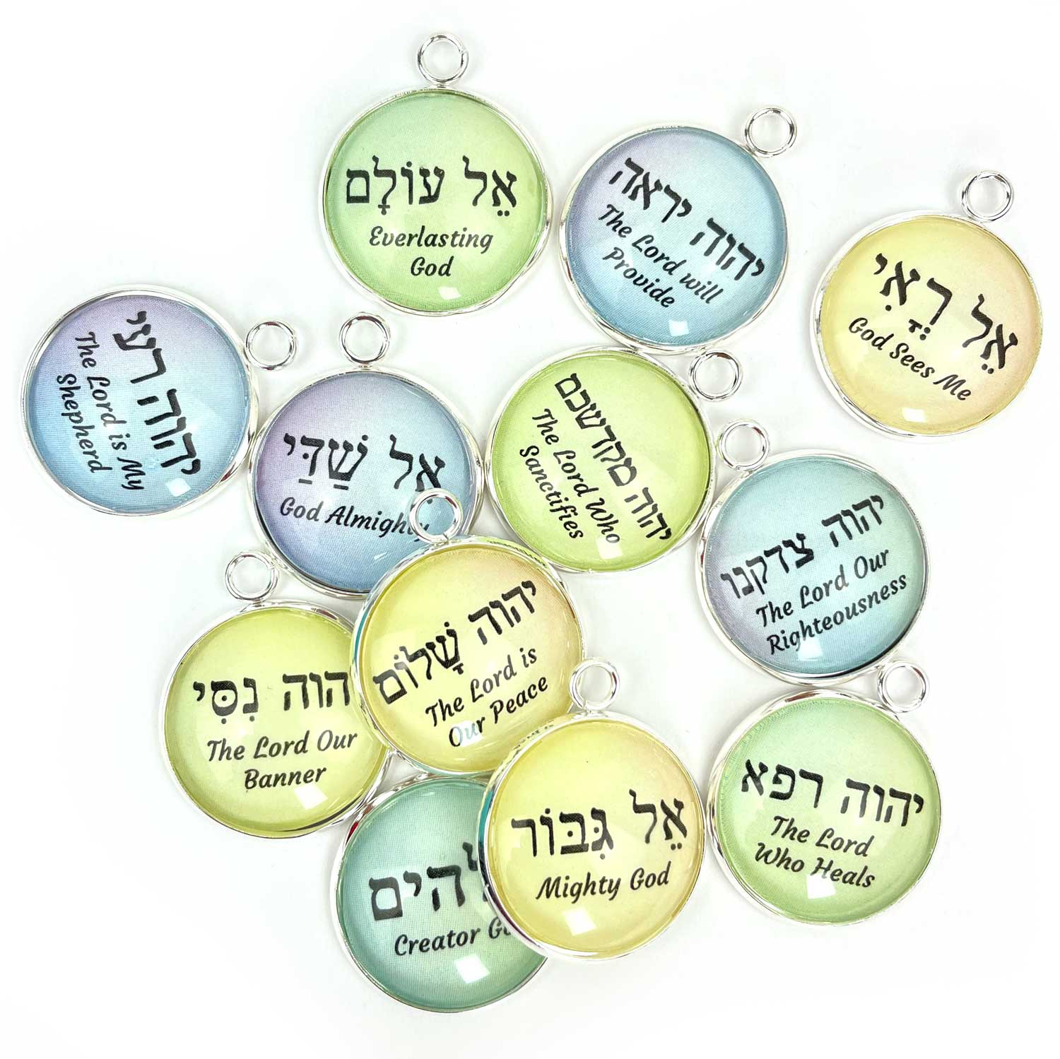 Hebrew Names of God Scripture Charms Set for Jewelry Making – 20mm, Pastel and Silver – Bulk Bracelet Charms