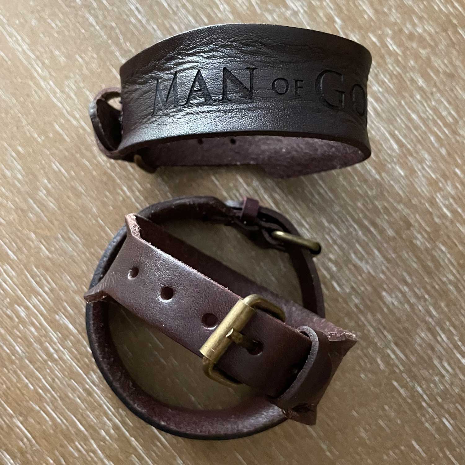 Laser-Engraved Brown Leather Scripture Bracelet with Watch Band Clasp