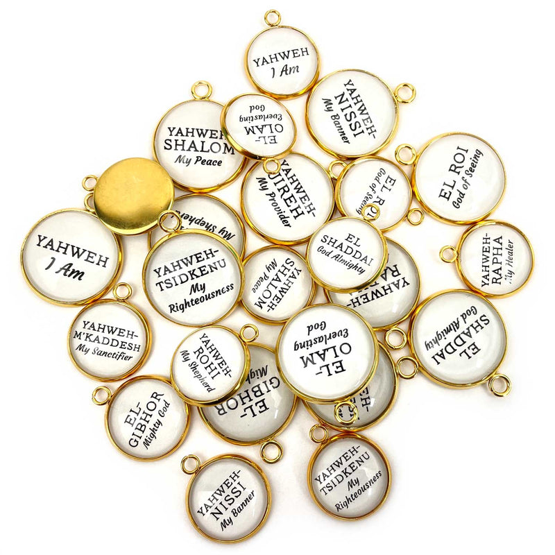 Names of God Scripture Charms Set for Jewelry Making – 16 or 20mm, Gold – Bulk Bracelet Charms