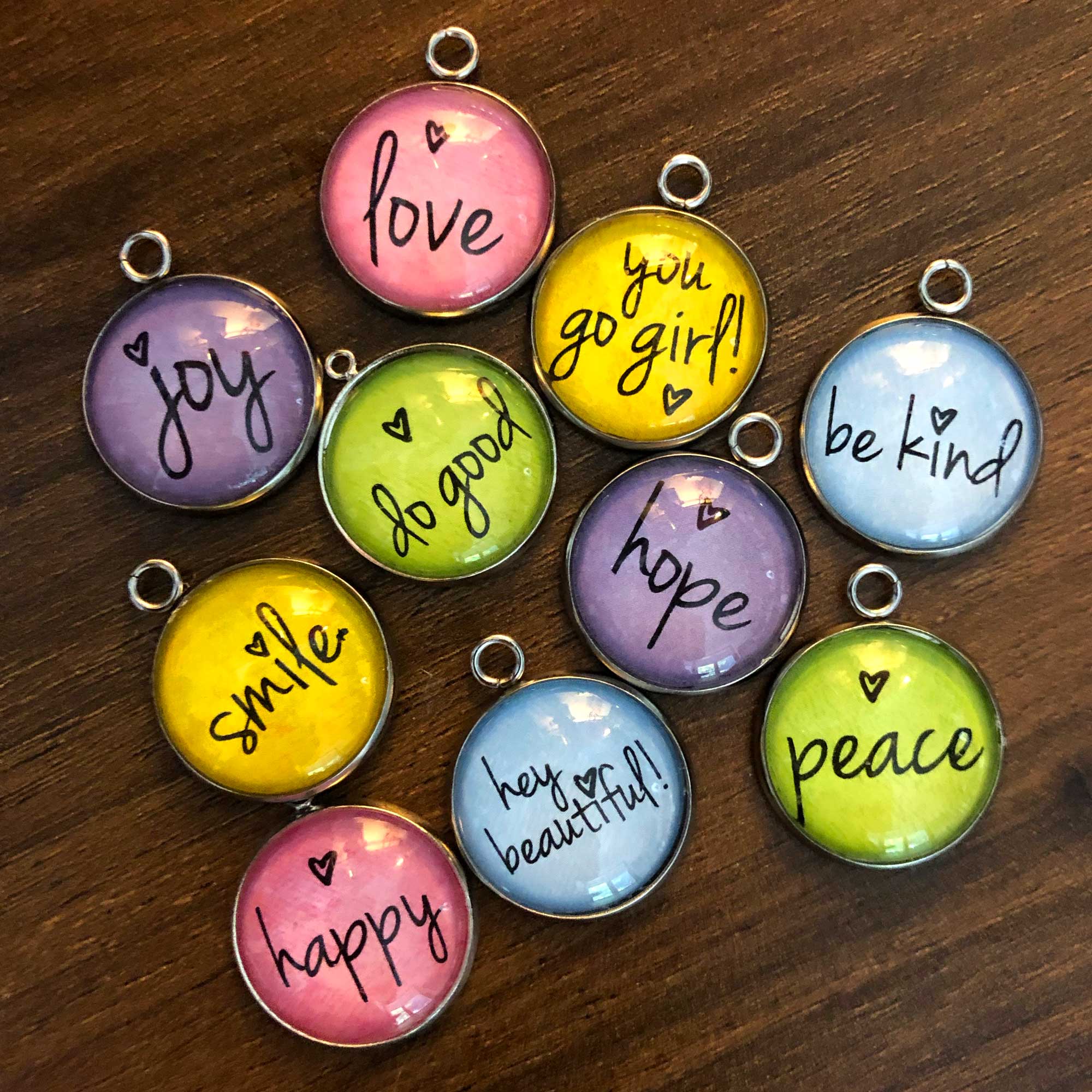 "Positivity + Heart" Set of 10 Charms for Jewelry Making, 20mm, Gold or Silver