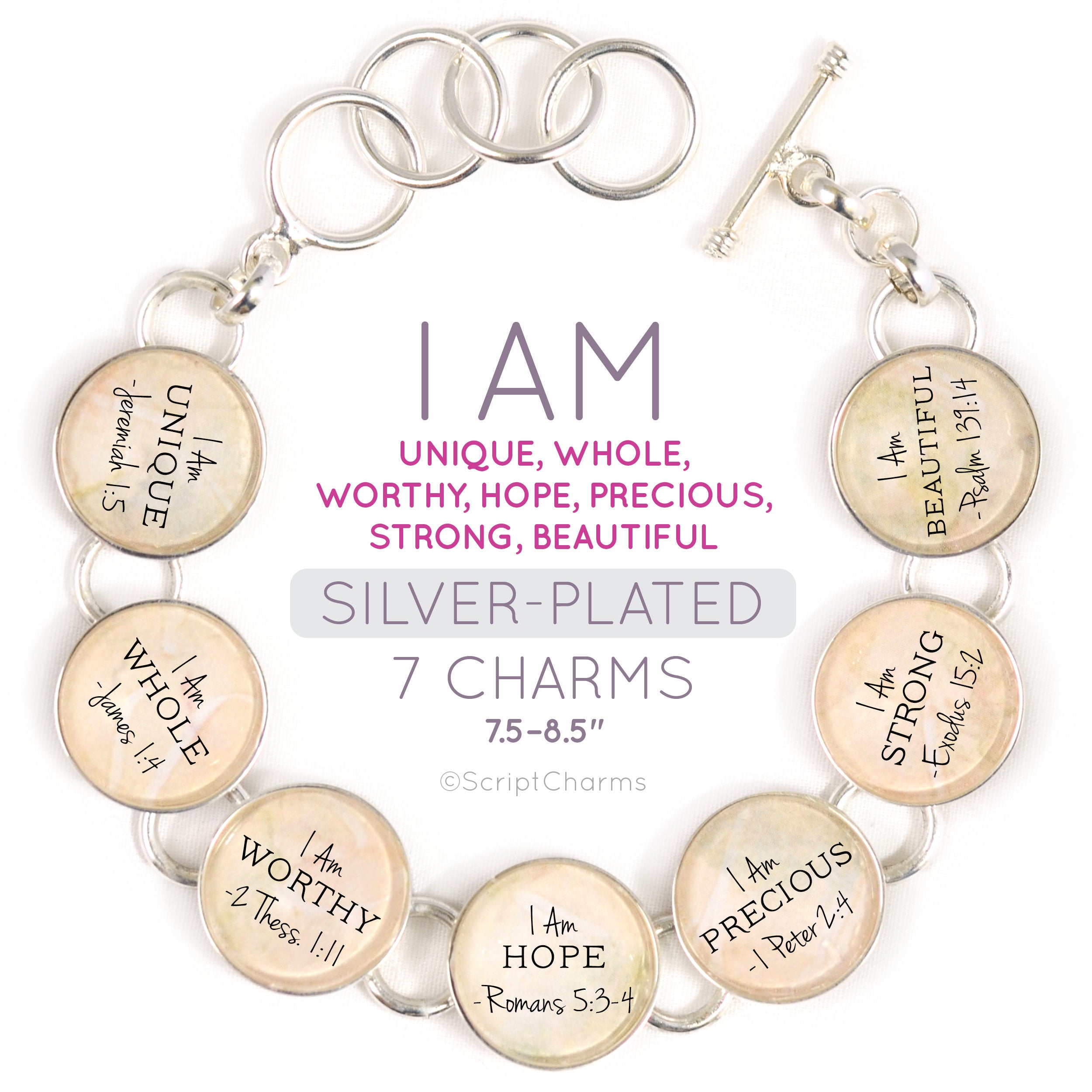 I AM Strong, Beautiful, Unique, Hope Affirmations – Glass Scripture Jewelry  Making Charms – Bulk Designer Christian Religious Charms