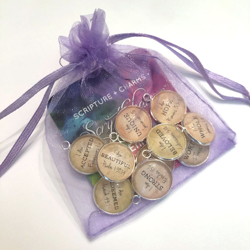 I AM Christian jewelry making charms set packaged in a lavender organza bag