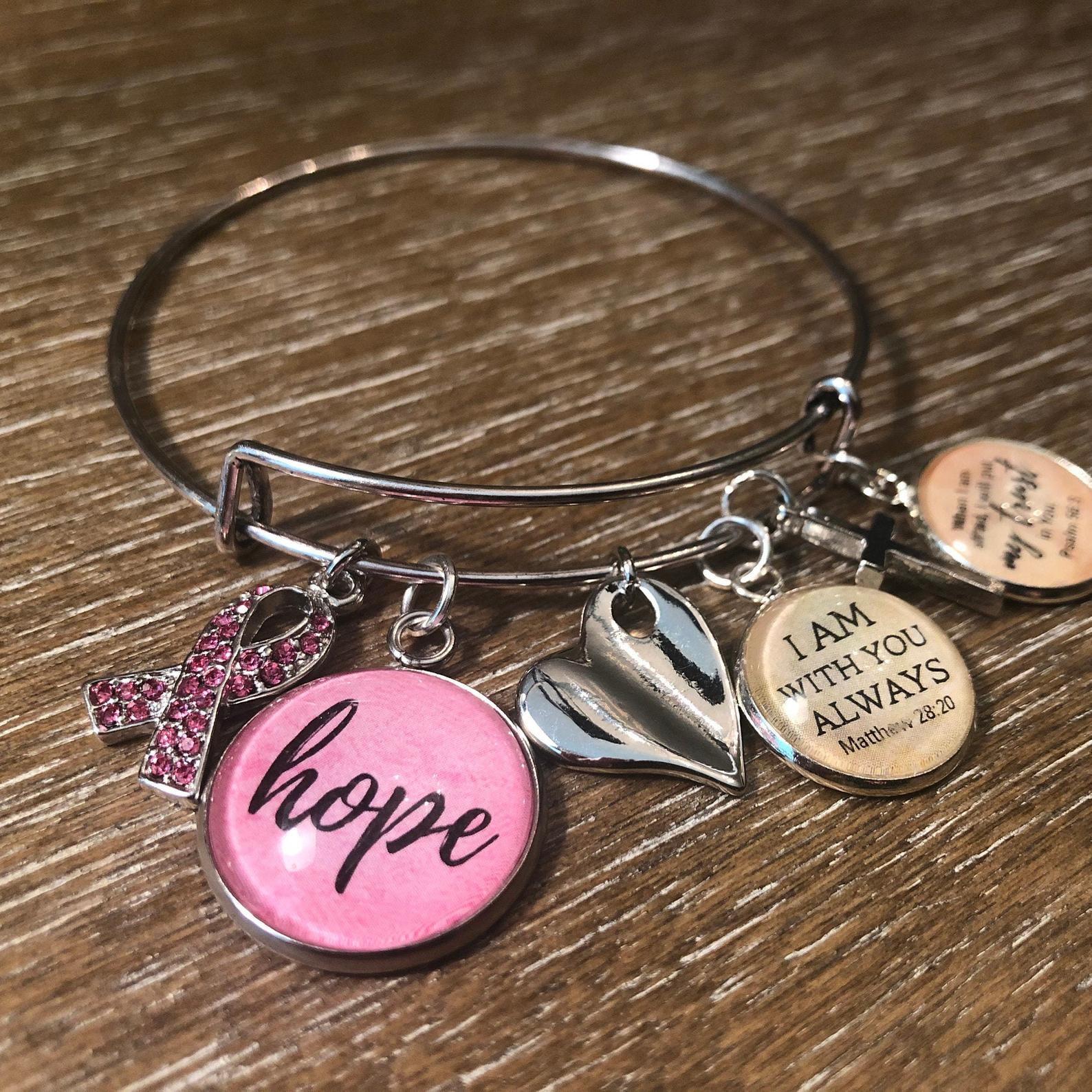 "Hope" Pink Breast Cancer Glass Charms for Jewelry Making, 16 or 20mm, Silver, Gold
