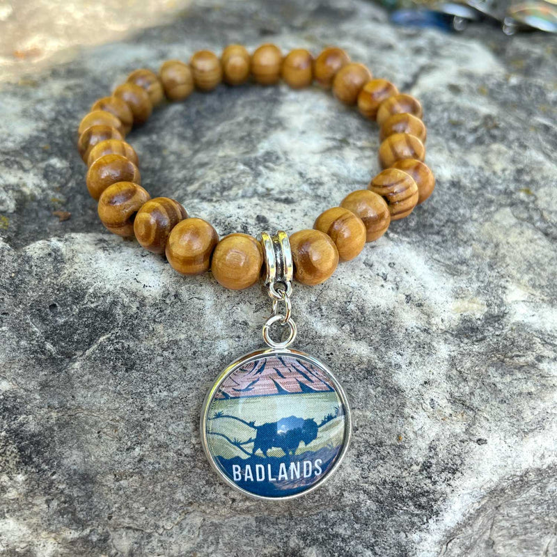 Badlands National Park Wood Bead Stretch Bracelet with Glass Charm – Choose from 63 Parks!