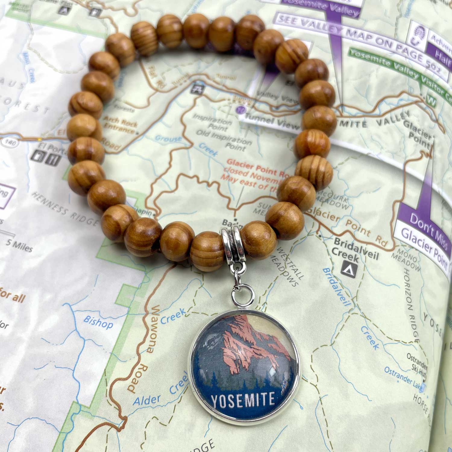 Yosemite National Park Wood Bead Stretch Bracelet with Glass Charm