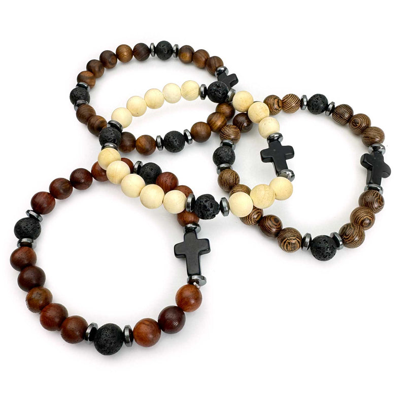 Natural Rosewood and Lava Rock Beaded Stretch Bracelet with Cross