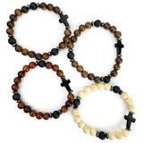 Natural Rosewood and Lava Rock Beaded Stretch Bracelet with Cross