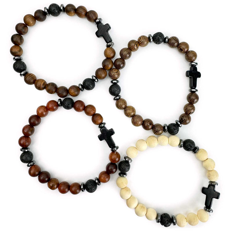 Natural Rosewood and Lava Rock Beaded Stretch Bracelet with Cross