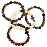 Natural Rosewood and Lava Rock Beaded Stretch Bracelet with Cross