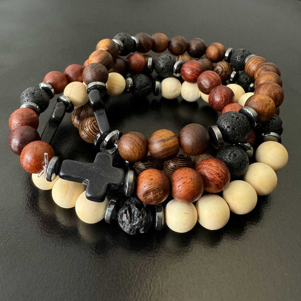 Men's Natural Rosewood and Lava Rock Beaded Stretch Bracelet with Cross