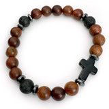 Auburn Natural Rosewood and Lava Rock Beaded Stretch Bracelet with Cross