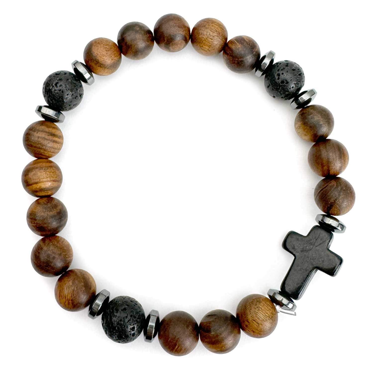 Brown Natural Rosewood and Lava Rock Beaded Stretch Bracelet with Cross