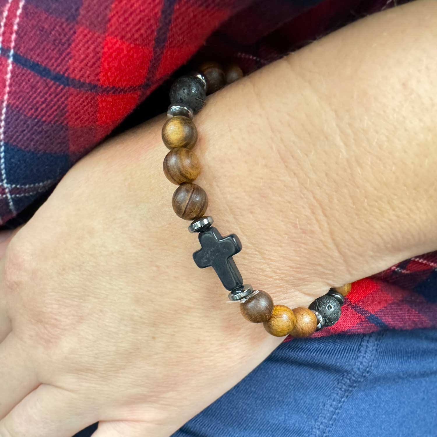 Brown Natural Rosewood and Lava Rock Beaded Stretch Bracelet with Cross