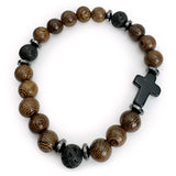 Woodgrain Natural Rosewood and Lava Rock Beaded Stretch Bracelet with Cross