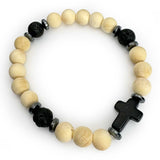 White Natural Rosewood and Lava Rock Beaded Stretch Bracelet with Cross