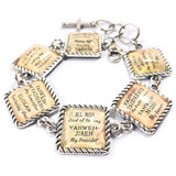 Names of GOD Glass Charm Bracelet - Christian Jewelry - Yahweh Hebrew Religious Bracelet - Square Antique Silver Twist Edge Design