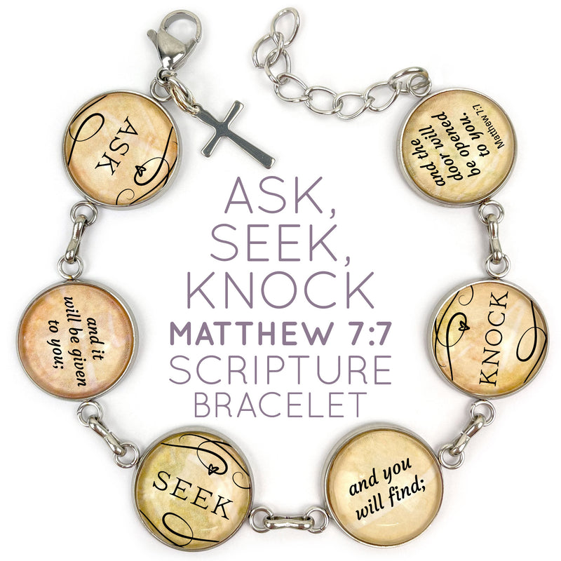 Ask, Seek, Knock Scripture Bracelet – Matthew 7:7 Glass Charm Stainless Steel Bible Verse Bracelet