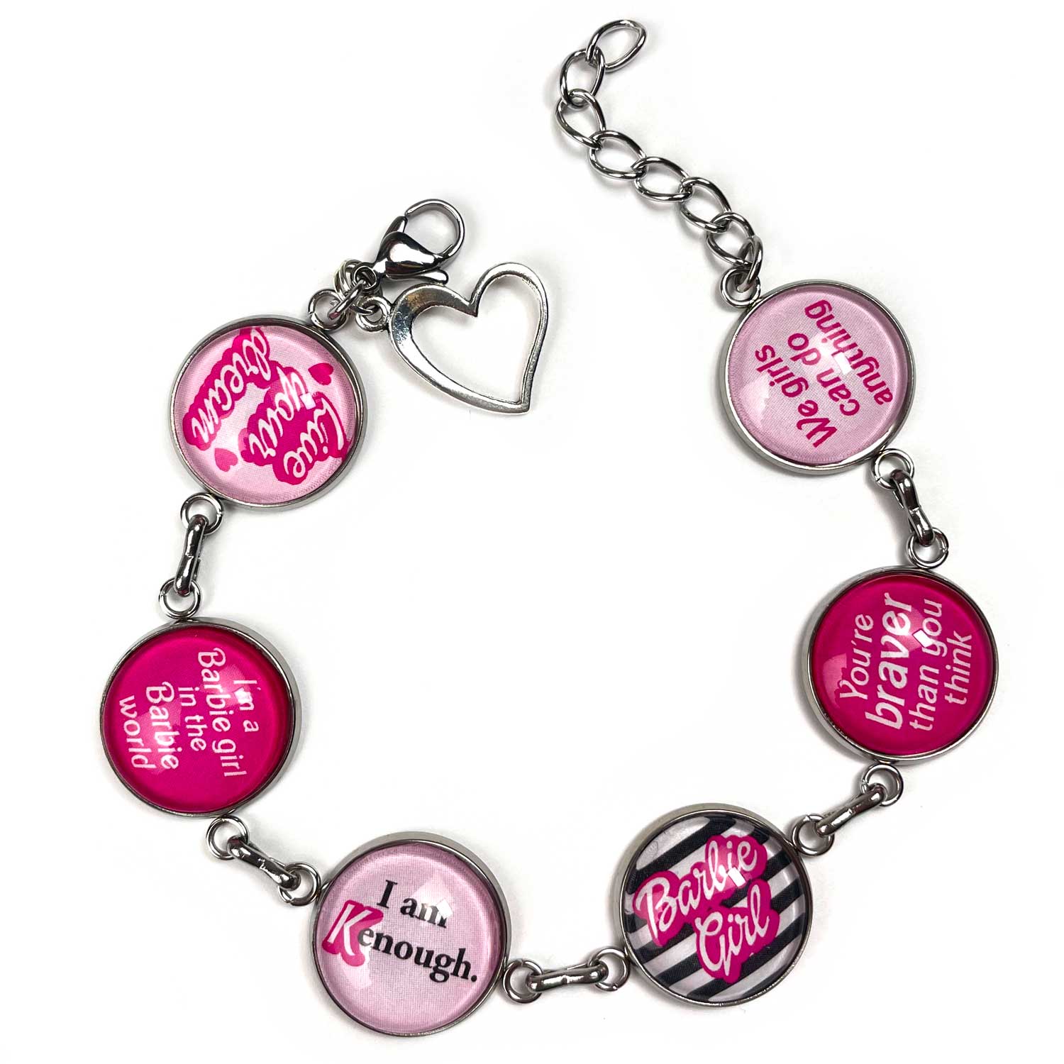 Barbie Girl – Glass Charm Stainless Steel Bracelet with Heart Charm – I am Kenough, Live your dream, We girls can do anything!