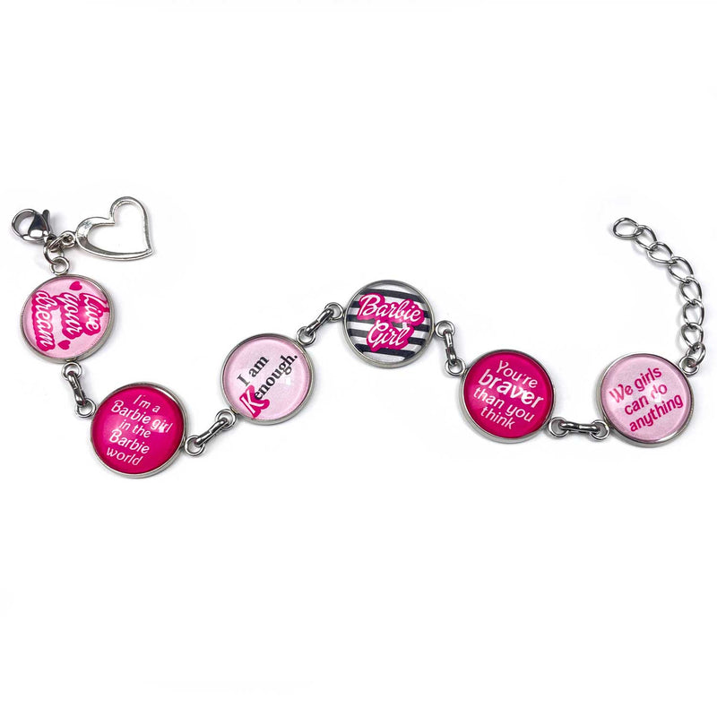 Barbie Girl – Glass Charm Stainless Steel Bracelet with Heart Charm – I am Kenough, Live your dream, We girls can do anything!