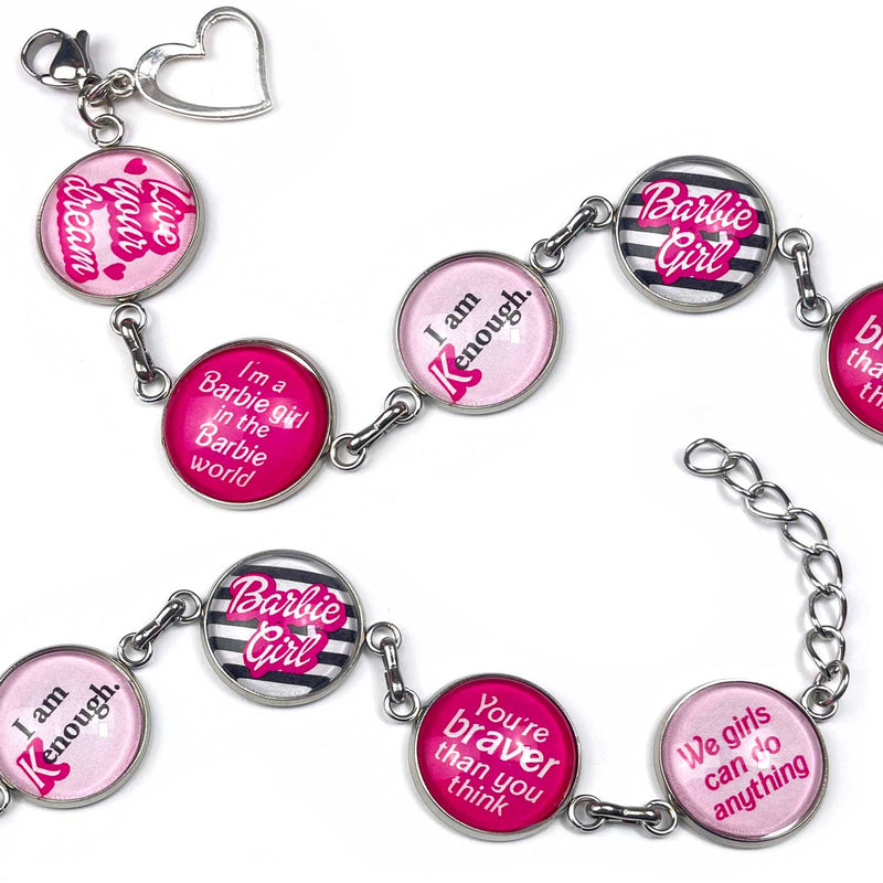 Barbie Girl – Glass Charm Stainless Steel Bracelet with Heart Charm – I am Kenough, Live your dream, We girls can do anything!